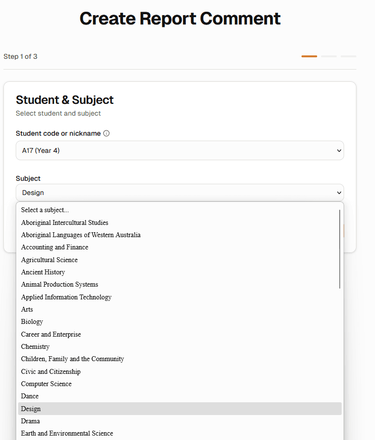 Pick student and subject screen of VIC School Reports